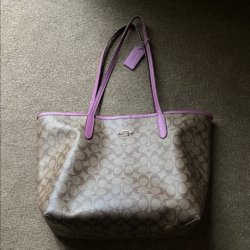 Coach Canvas Tote with Lavender Trim and Tag